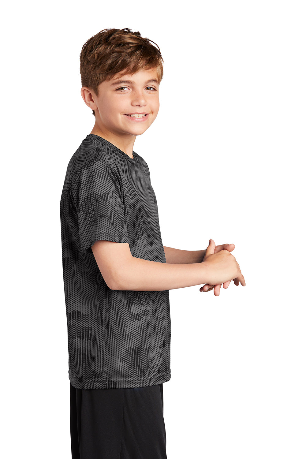 Sport-Tek YST370 Youth CamoHex Moisture Wicking Short Sleeve Crewneck T-Shirt Iron Grey Model Side