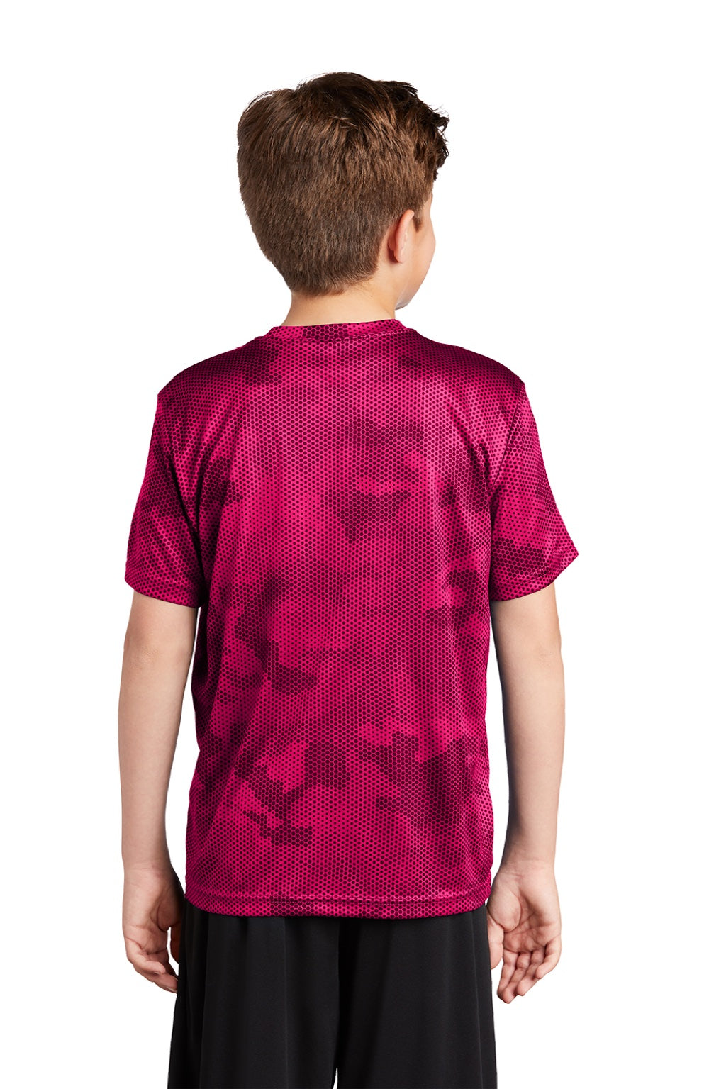 Sport-Tek YST370 Youth CamoHex Moisture Wicking Short Sleeve Crewneck T-Shirt Raspberry Pink Model Back