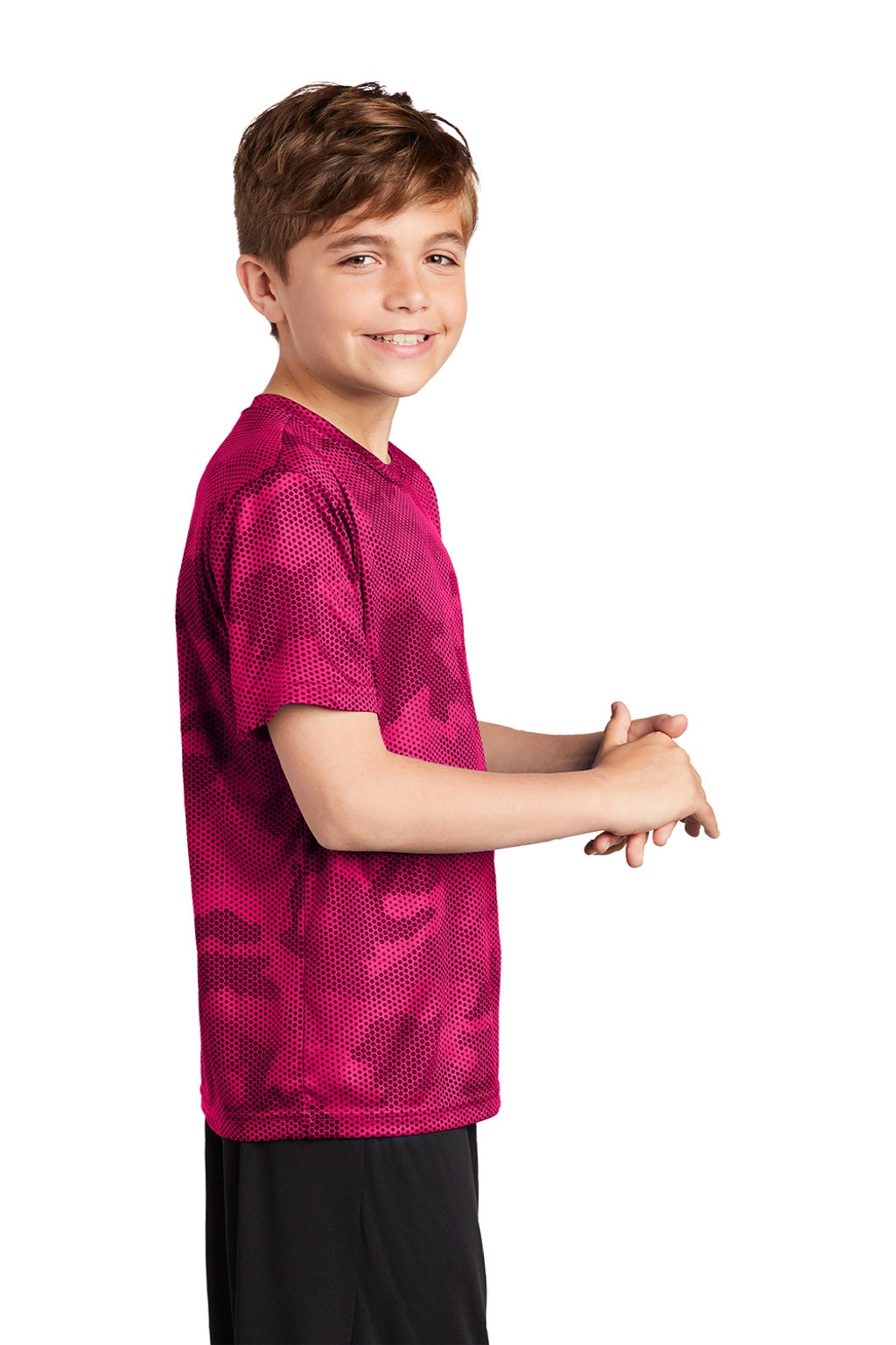 Sport-Tek YST370 Youth CamoHex Moisture Wicking Short Sleeve Crewneck T-Shirt Raspberry Pink Model Side