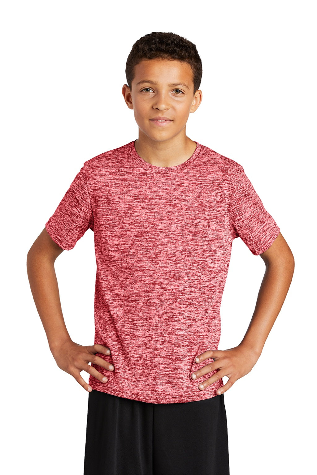 Sport-Tek YST390 Youth Electric Heather Moisture Wicking Short Sleeve Crewneck T-Shirt Deep Red Electric Model Front