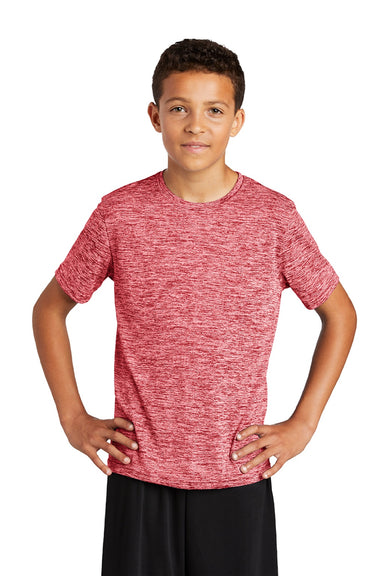 Sport-Tek YST390 Youth Electric Heather Moisture Wicking Short Sleeve Crewneck T-Shirt Deep Red Electric Model Front