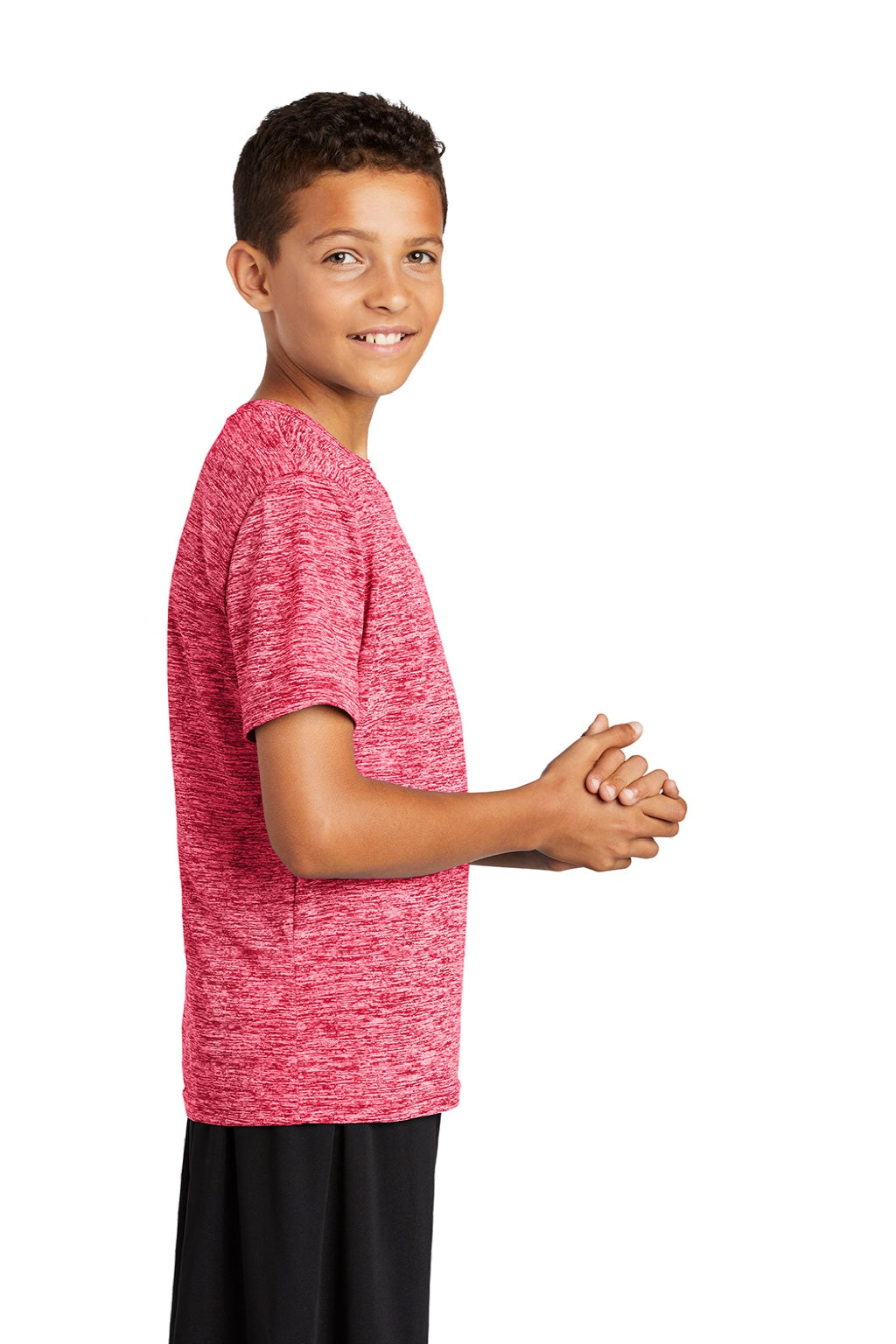 Sport-Tek YST390 Youth Electric Heather Moisture Wicking Short Sleeve Crewneck T-Shirt Power Pink Electric Model Side