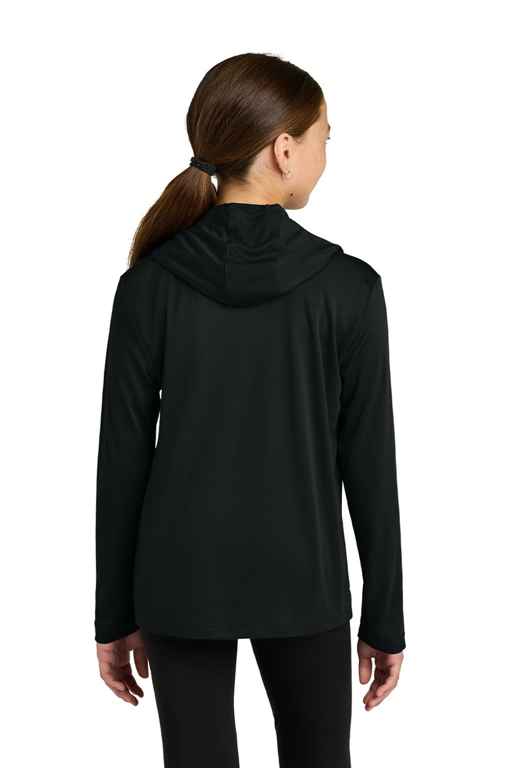 Sport-Tek YST420LSH Youth Posi-UV Pro Moisture Wicking Long Sleeve Hooded T-Shirt Hoodie Black Model Back