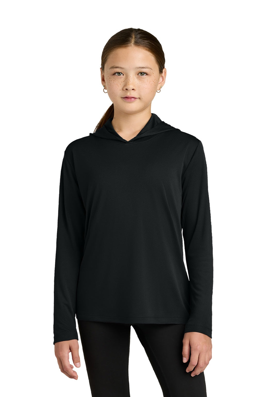 Sport-Tek YST420LSH Youth Posi-UV Pro Moisture Wicking Long Sleeve Hooded T-Shirt Hoodie Black Model Front