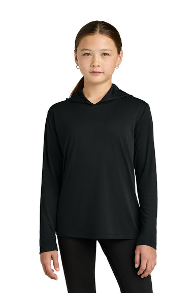 Sport-Tek YST420LSH Youth Posi-UV Pro Moisture Wicking Long Sleeve Hooded T-Shirt Hoodie Black Model Front