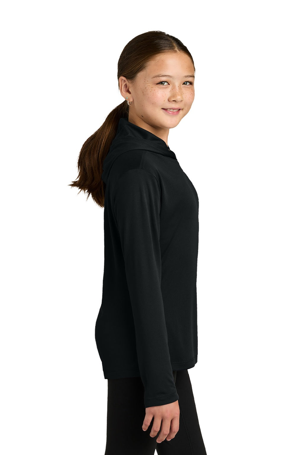 Sport-Tek YST420LSH Youth Posi-UV Pro Moisture Wicking Long Sleeve Hooded T-Shirt Hoodie Black Model Side