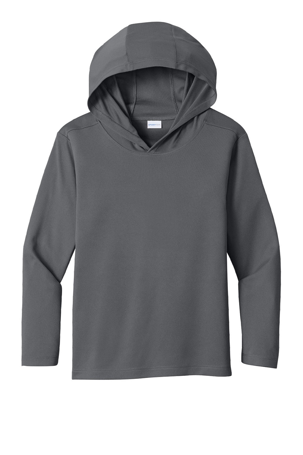 Sport-Tek YST420LSH Youth Posi-UV Pro Moisture Wicking Long Sleeve Hooded T-Shirt Hoodie Heather Dark Smoke Grey Flat Front
