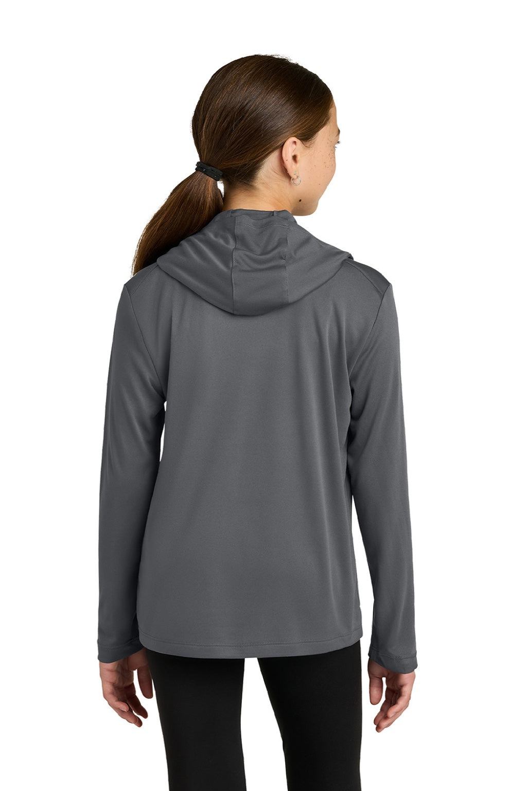 Sport-Tek YST420LSH Youth Posi-UV Pro Moisture Wicking Long Sleeve Hooded T-Shirt Hoodie Heather Dark Smoke Grey Model Back