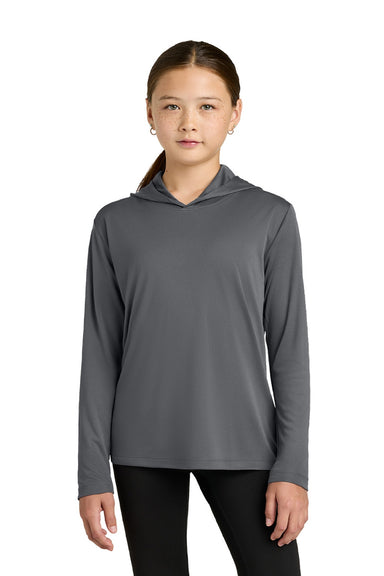Sport-Tek YST420LSH Youth Posi-UV Pro Moisture Wicking Long Sleeve Hooded T-Shirt Hoodie Heather Dark Smoke Grey Model Front