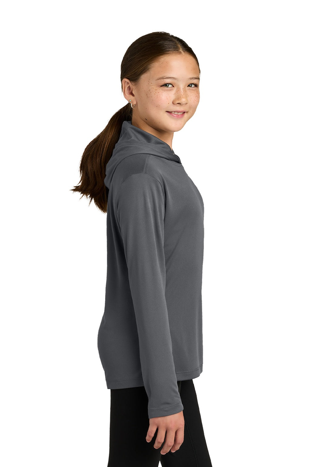 Sport-Tek YST420LSH Youth Posi-UV Pro Moisture Wicking Long Sleeve Hooded T-Shirt Hoodie Heather Dark Smoke Grey Model Side
