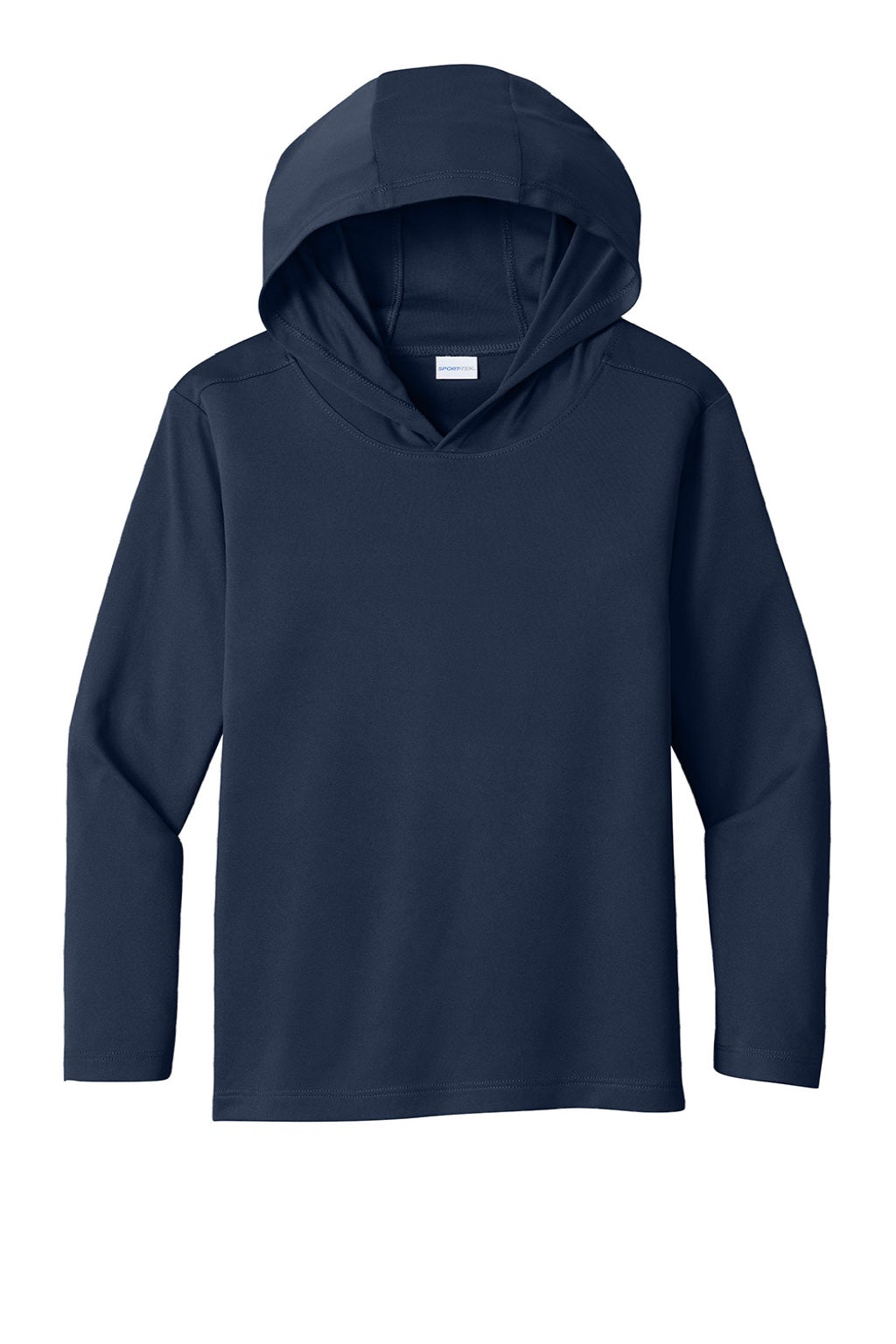 Sport-Tek YST420LSH Youth Posi-UV Pro Moisture Wicking Long Sleeve Hooded T-Shirt Hoodie True Navy Blue Flat Front