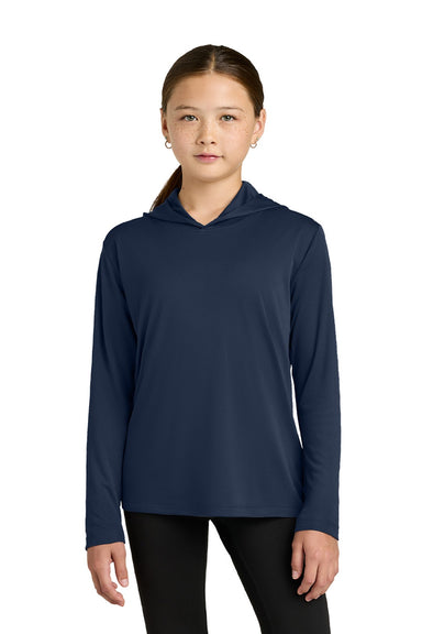 Sport-Tek YST420LSH Youth Posi-UV Pro Moisture Wicking Long Sleeve Hooded T-Shirt Hoodie True Navy Blue Model Front