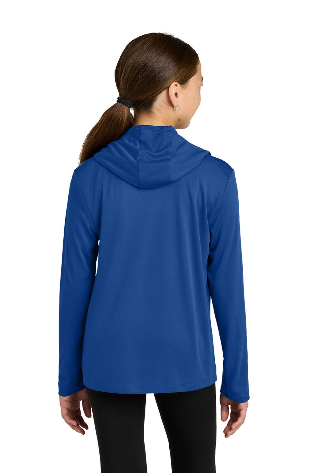 Sport-Tek YST420LSH Youth Posi-UV Pro Moisture Wicking Long Sleeve Hooded T-Shirt Hoodie True Royal Blue Model Back