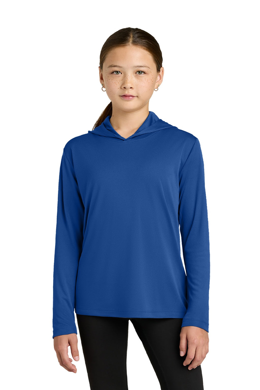 Sport-Tek YST420LSH Youth Posi-UV Pro Moisture Wicking Long Sleeve Hooded T-Shirt Hoodie True Royal Blue Model Front