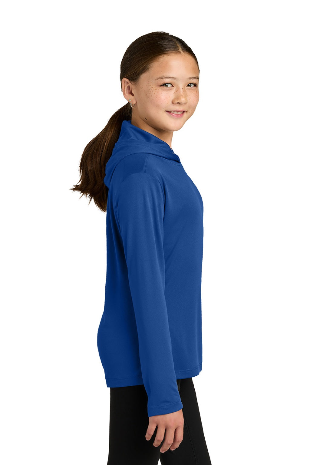 Sport-Tek YST420LSH Youth Posi-UV Pro Moisture Wicking Long Sleeve Hooded T-Shirt Hoodie True Royal Blue Model Side