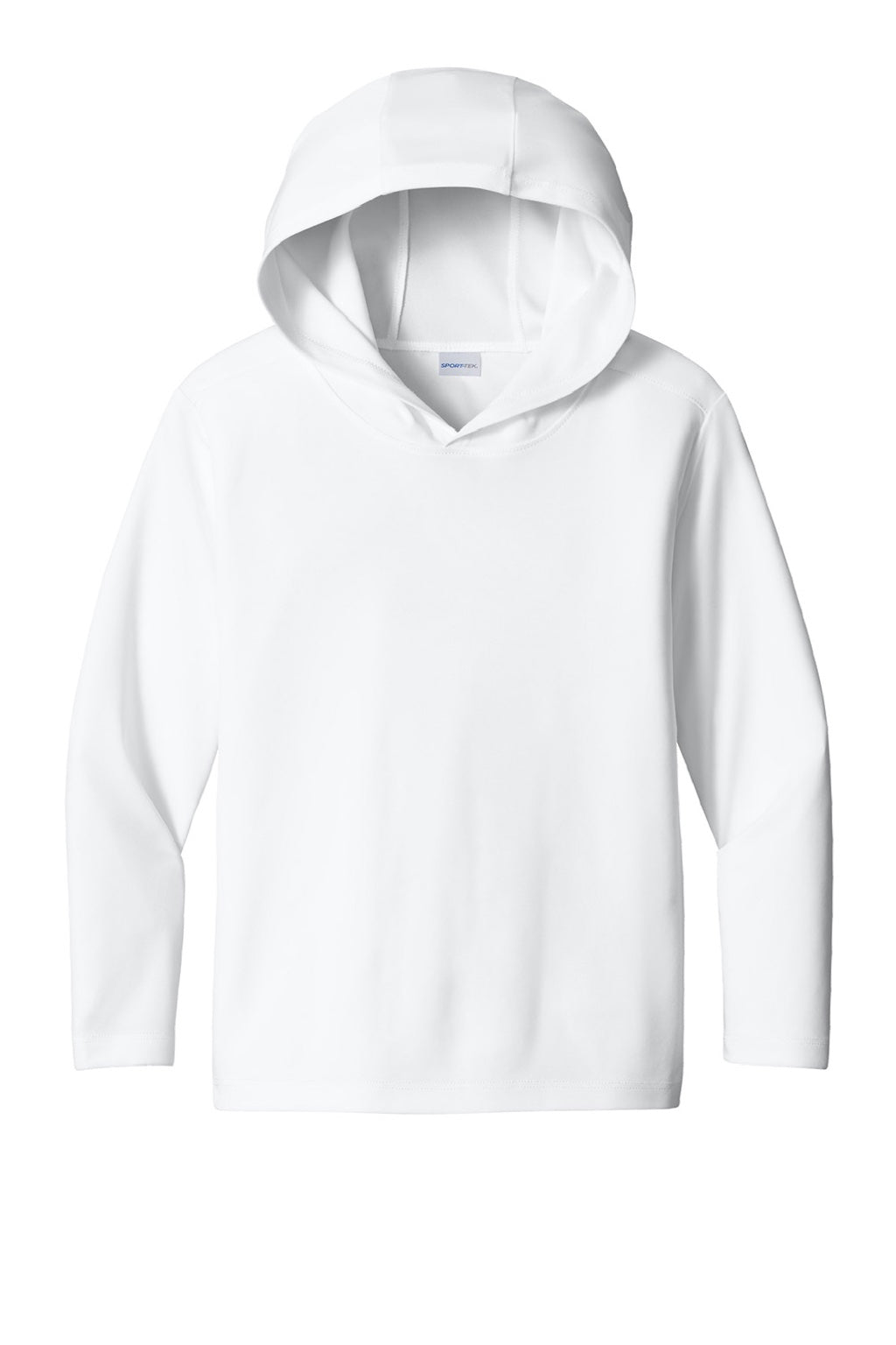 Sport-Tek YST420LSH Youth Posi-UV Pro Moisture Wicking Long Sleeve Hooded T-Shirt Hoodie White Flat Front