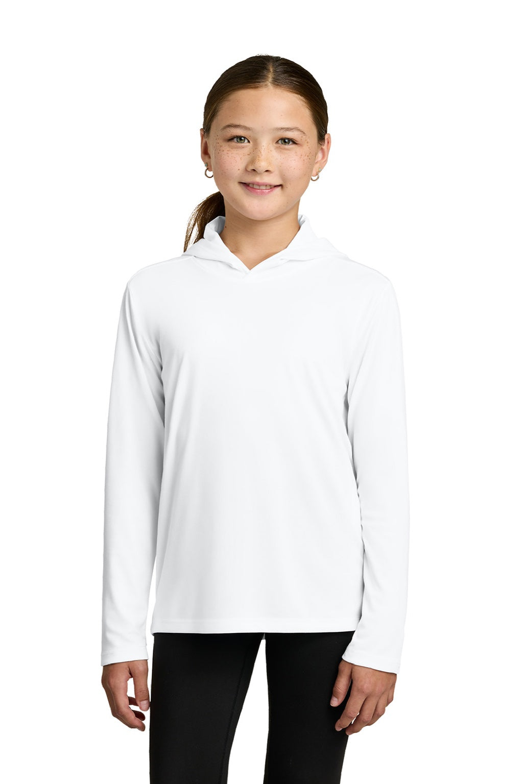 Sport-Tek YST420LSH Youth Posi-UV Pro Moisture Wicking Long Sleeve Hooded T-Shirt Hoodie White Model Front