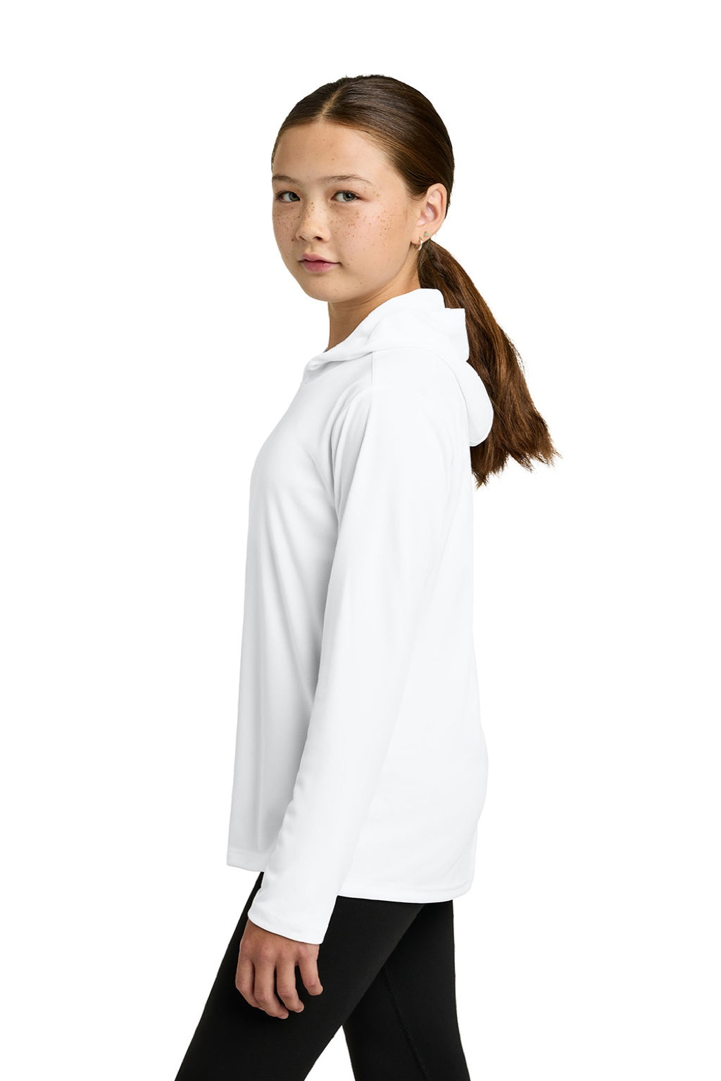 Sport-Tek YST420LSH Youth Posi-UV Pro Moisture Wicking Long Sleeve Hooded T-Shirt Hoodie White Model Side