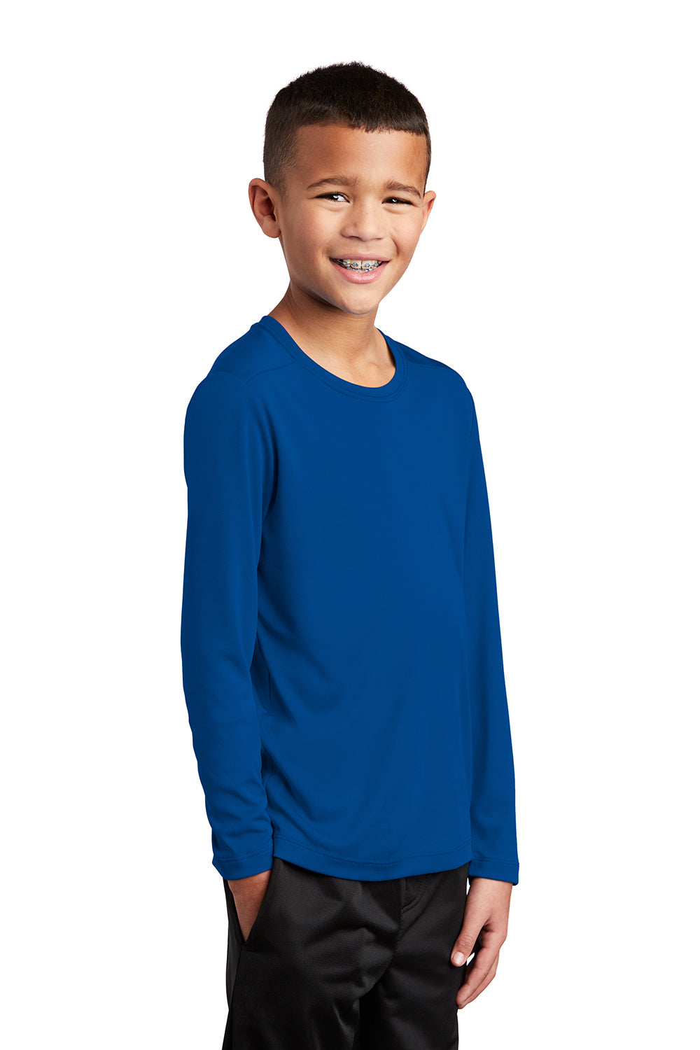 Sport-Tek YST420LS Youth Moisture Wicking Long Sleeve Crewneck T-Shirt True Royal Blue Model 3q