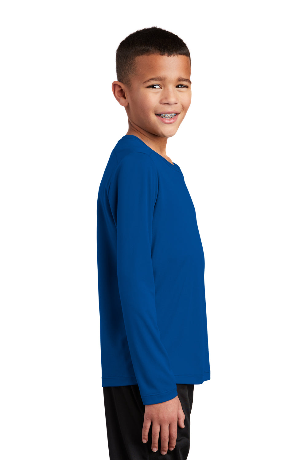 Sport-Tek YST420LS Youth Moisture Wicking Long Sleeve Crewneck T-Shirt True Royal Blue Model Side