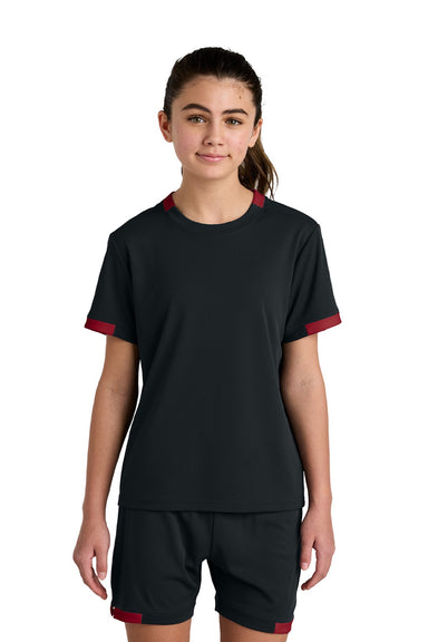 Sport-Tek YST440 Youth Club Moisture Wicking Short Sleeve Crewneck T-Shirt Black/Deep Red Model Front