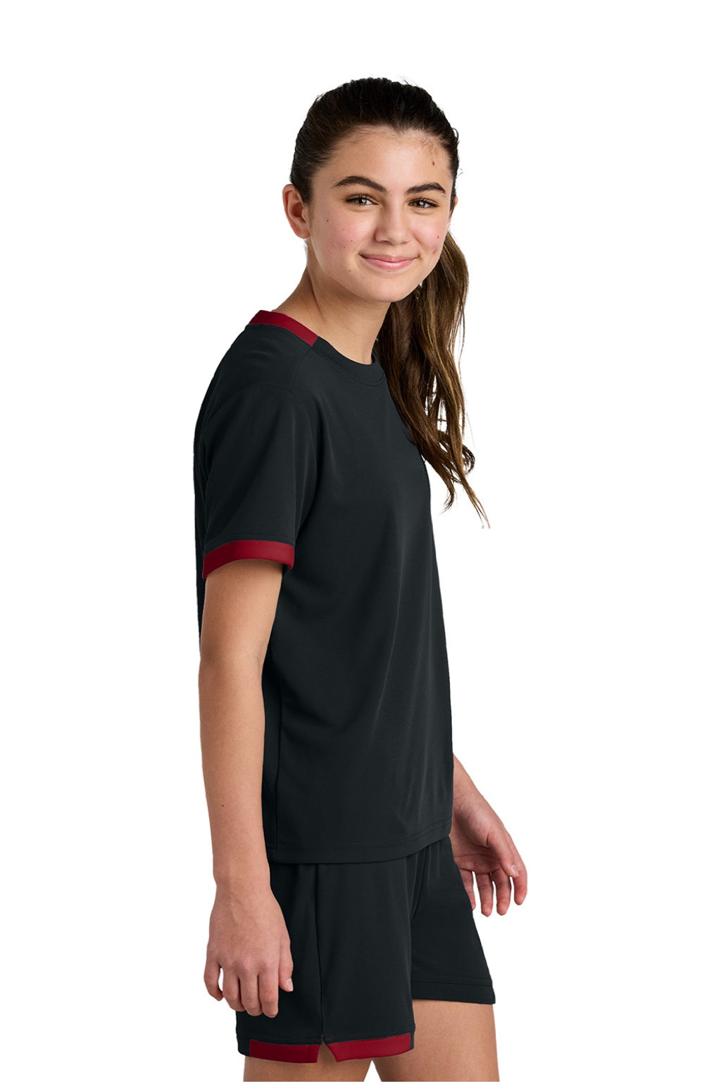 Sport-Tek YST440 Youth Club Moisture Wicking Short Sleeve Crewneck T-Shirt Black/Deep Red Model Side