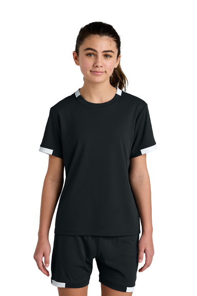 Sport-Tek YST440 Youth Club Moisture Wicking Short Sleeve Crewneck T-Shirt Black/White Model Front