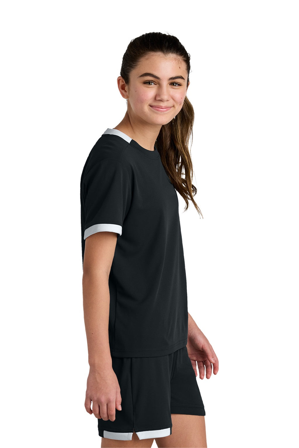 Sport-Tek YST440 Youth Club Moisture Wicking Short Sleeve Crewneck T-Shirt Black/White Model Side