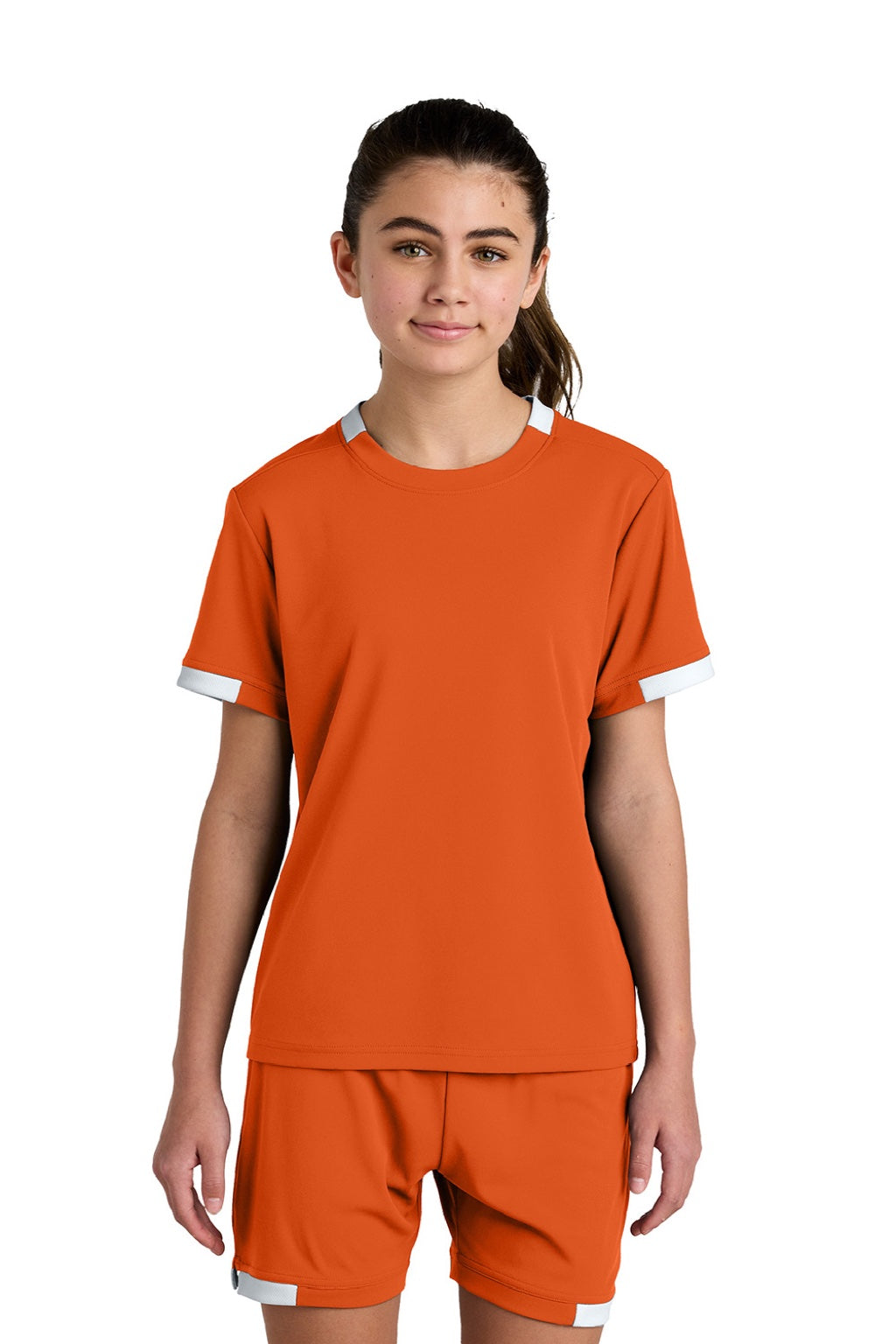Sport-Tek YST440 Youth Club Moisture Wicking Short Sleeve Crewneck T-Shirt Deep Orange/White Model Front