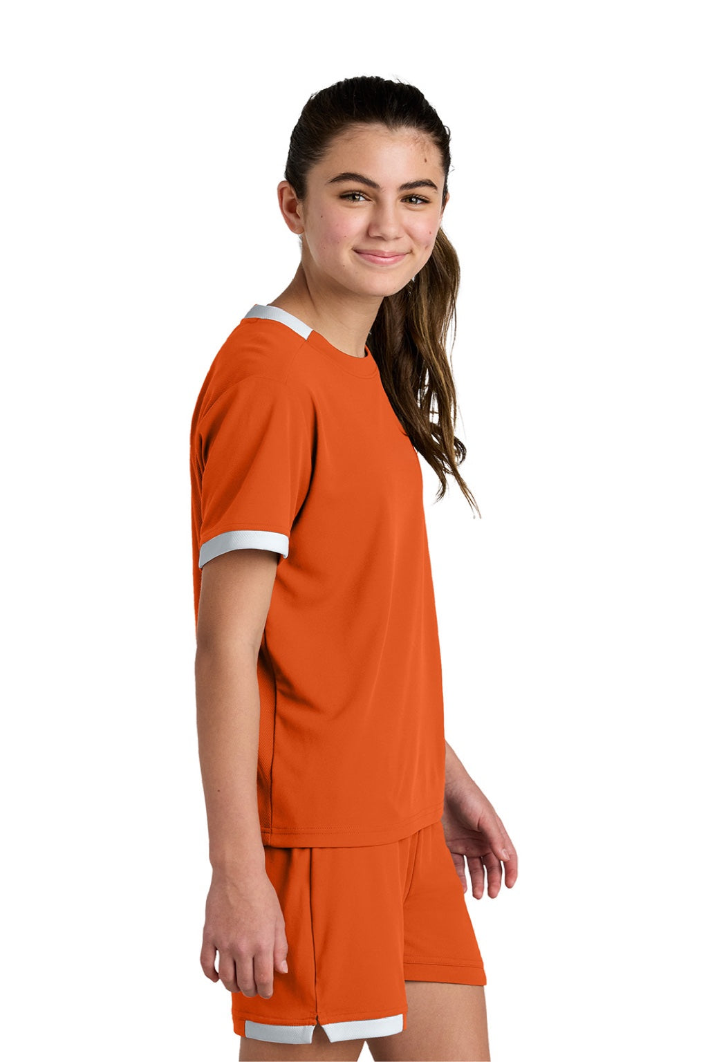 Sport-Tek YST440 Youth Club Moisture Wicking Short Sleeve Crewneck T-Shirt Deep Orange/White Model Side