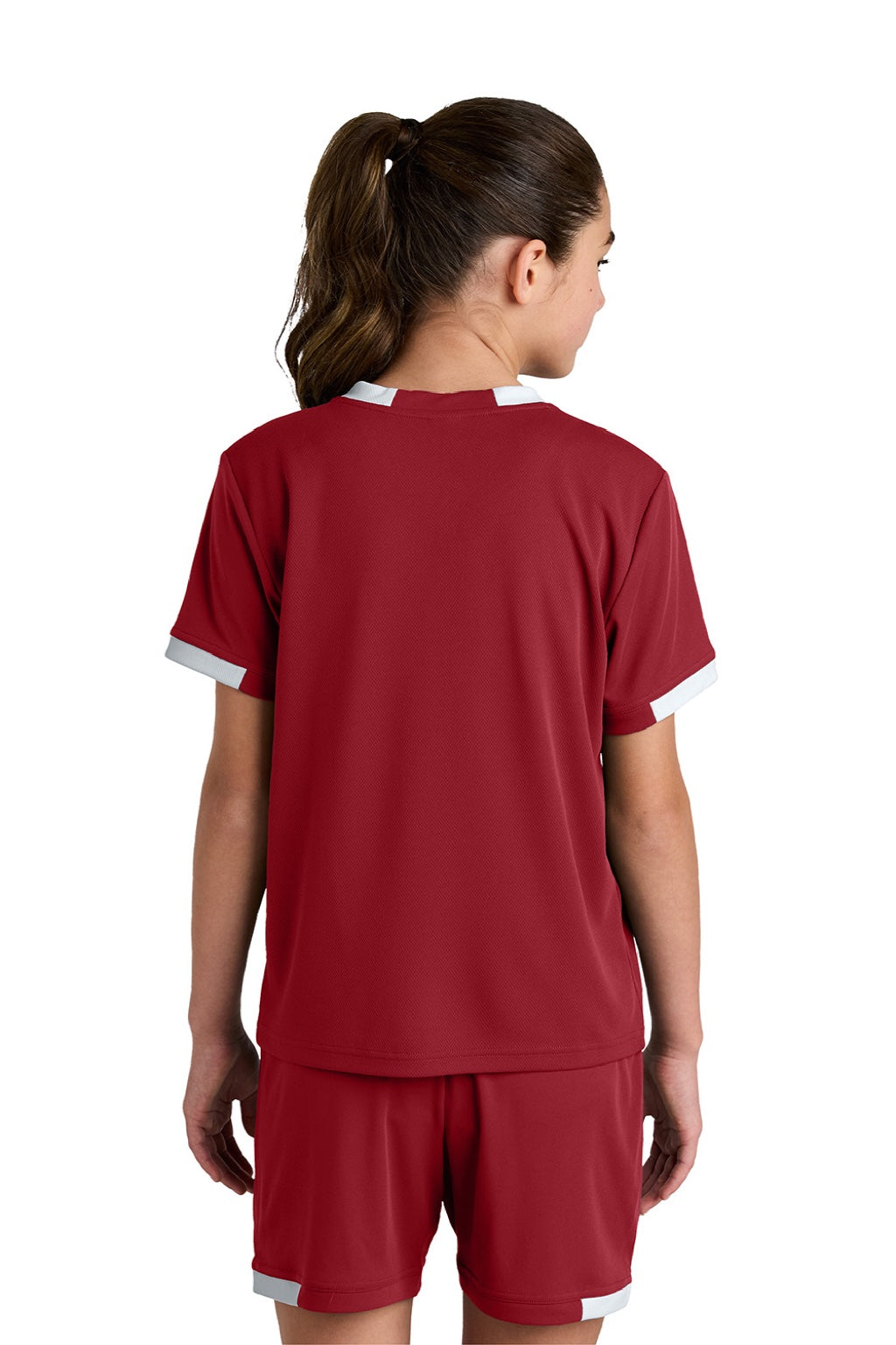 Sport-Tek YST440 Youth Club Moisture Wicking Short Sleeve Crewneck T-Shirt Deep Red/White Model Back