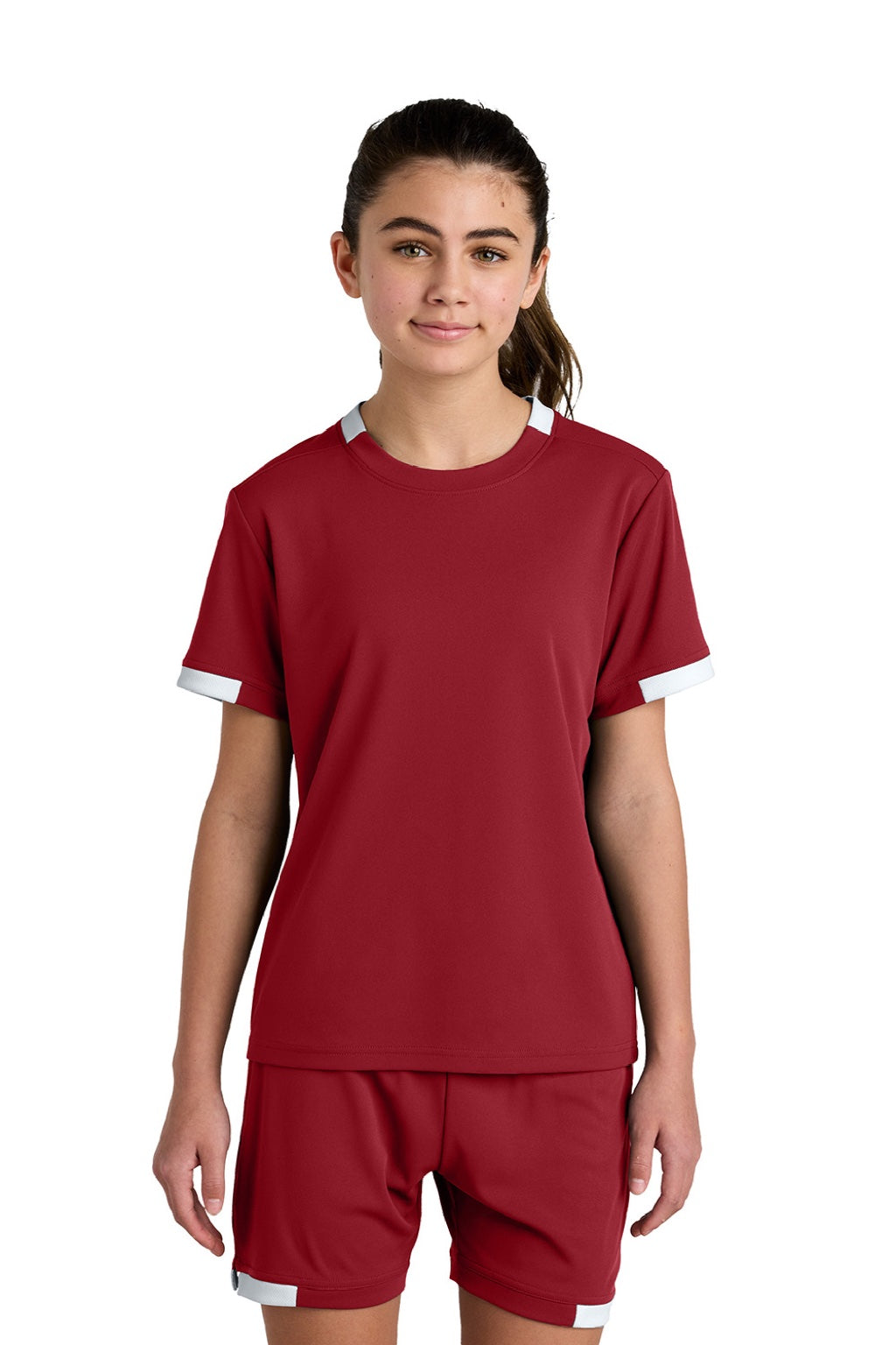 Sport-Tek YST440 Youth Club Moisture Wicking Short Sleeve Crewneck T-Shirt Deep Red/White Model Front