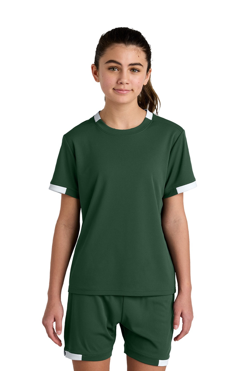 Sport-Tek YST440 Youth Club Moisture Wicking Short Sleeve Crewneck T-Shirt Forest Green/White Model Front