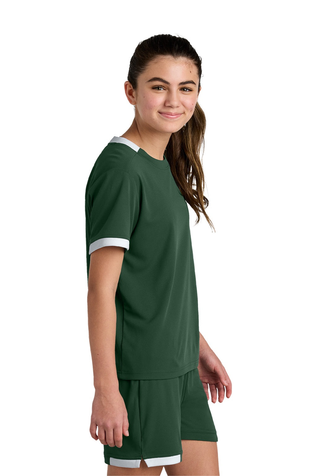 Sport-Tek YST440 Youth Club Moisture Wicking Short Sleeve Crewneck T-Shirt Forest Green/White Model Side