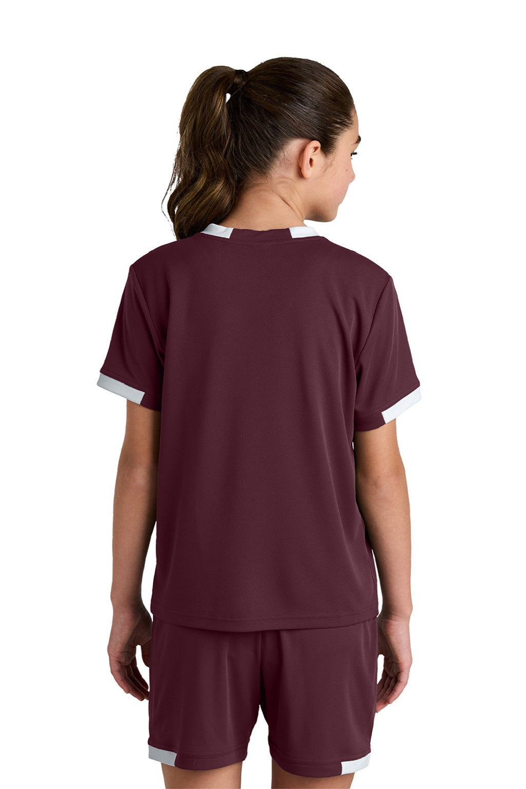 Sport-Tek YST440 Youth Club Moisture Wicking Short Sleeve Crewneck T-Shirt Maroon/White Model Back