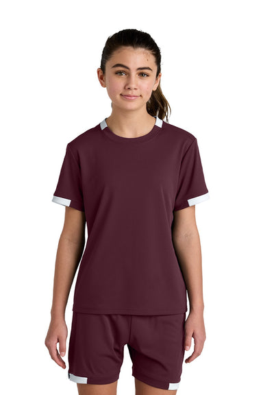 Sport-Tek YST440 Youth Club Moisture Wicking Short Sleeve Crewneck T-Shirt Maroon/White Model Front
