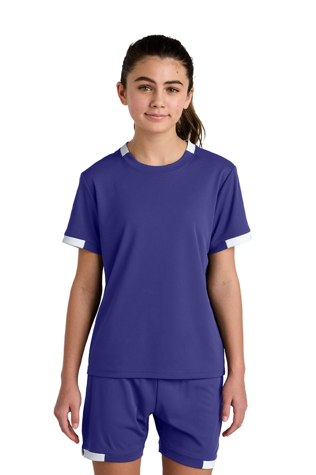 Sport-Tek YST440 Youth Club Moisture Wicking Short Sleeve Crewneck T-Shirt Purple/White Model Front
