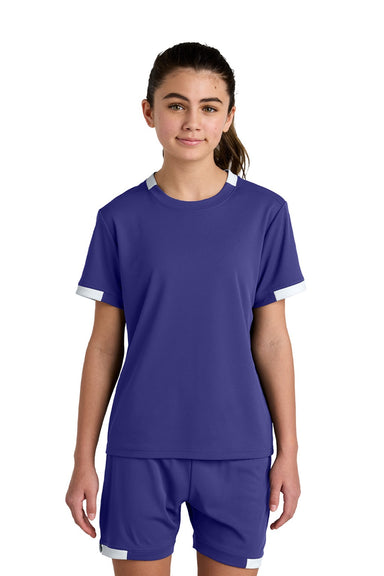 Sport-Tek YST440 Youth Club Moisture Wicking Short Sleeve Crewneck T-Shirt Purple/White Model Front