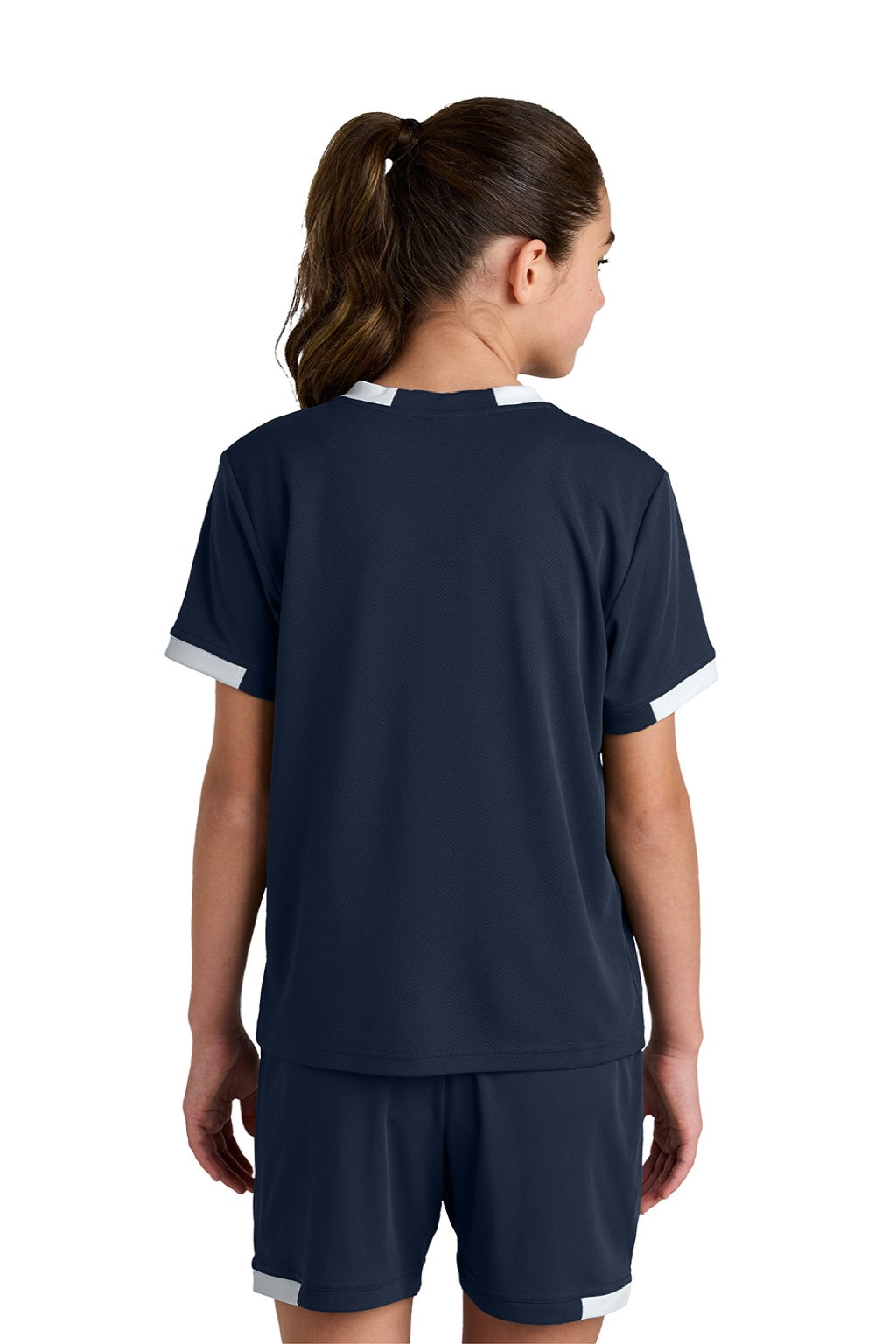 Sport-Tek YST440 Youth Club Moisture Wicking Short Sleeve Crewneck T-Shirt True Navy Blue/White Model Back