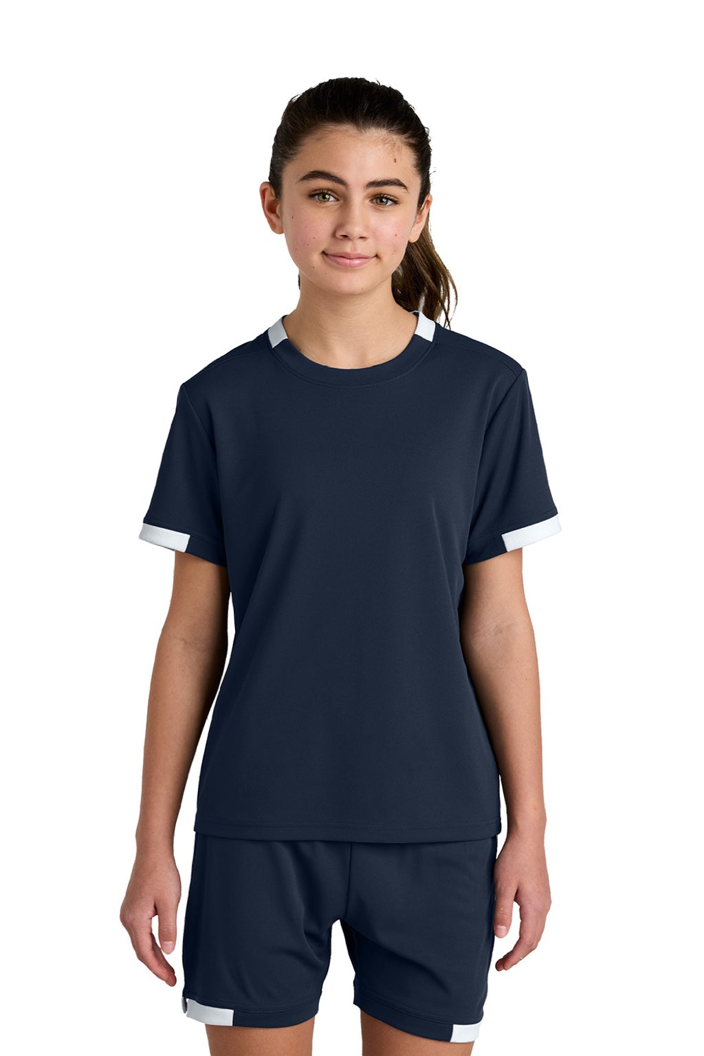 Sport-Tek YST440 Youth Club Moisture Wicking Short Sleeve Crewneck T-Shirt True Navy Blue/White Model Front