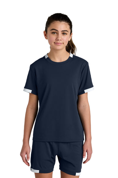 Sport-Tek YST440 Youth Club Moisture Wicking Short Sleeve Crewneck T-Shirt True Navy Blue/White Model Front