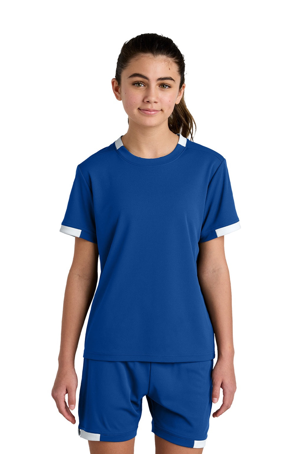Sport-Tek YST440 Youth Club Moisture Wicking Short Sleeve Crewneck T-Shirt True Royal Blue/White Model Front