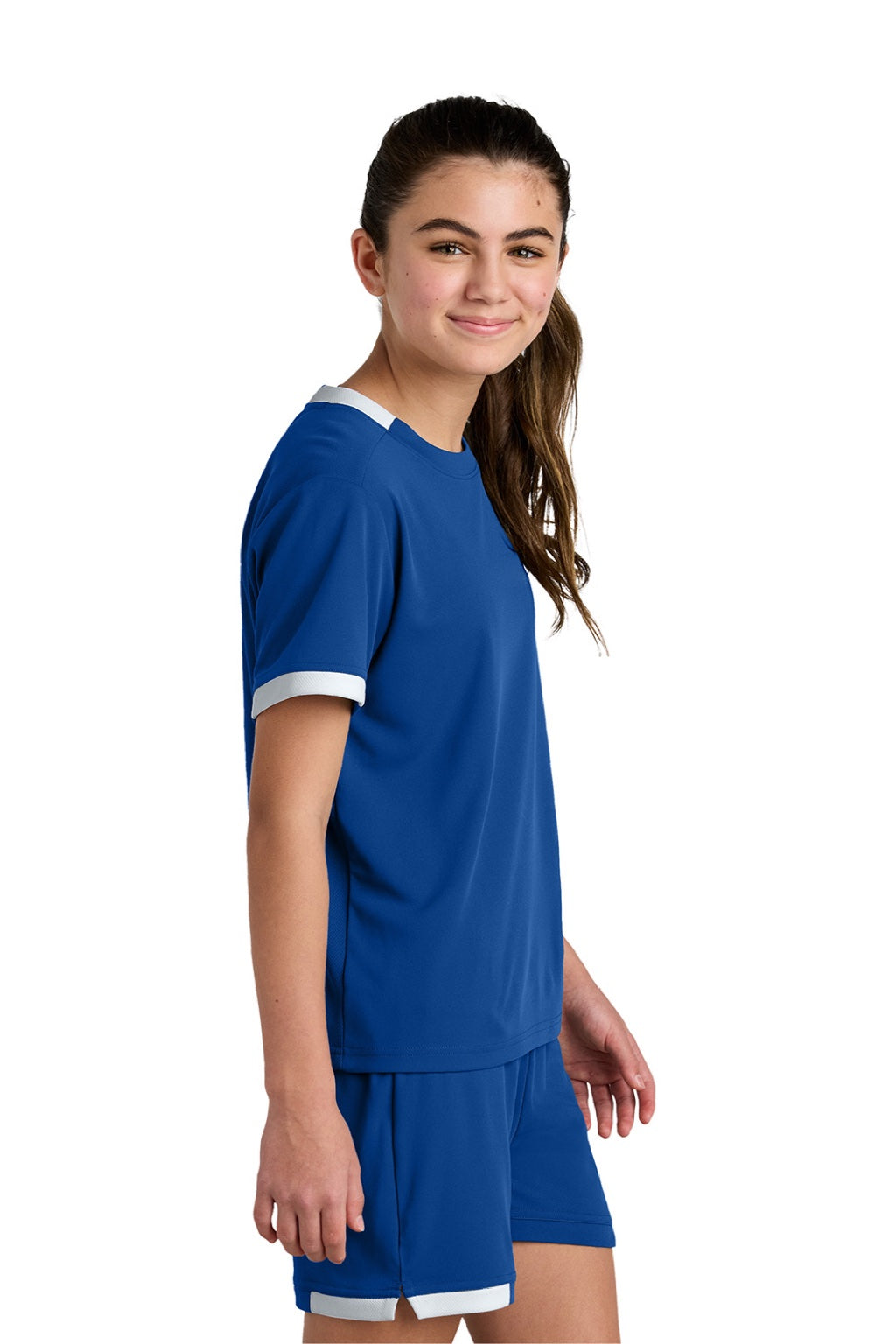 Sport-Tek YST440 Youth Club Moisture Wicking Short Sleeve Crewneck T-Shirt True Royal Blue/White Model Side