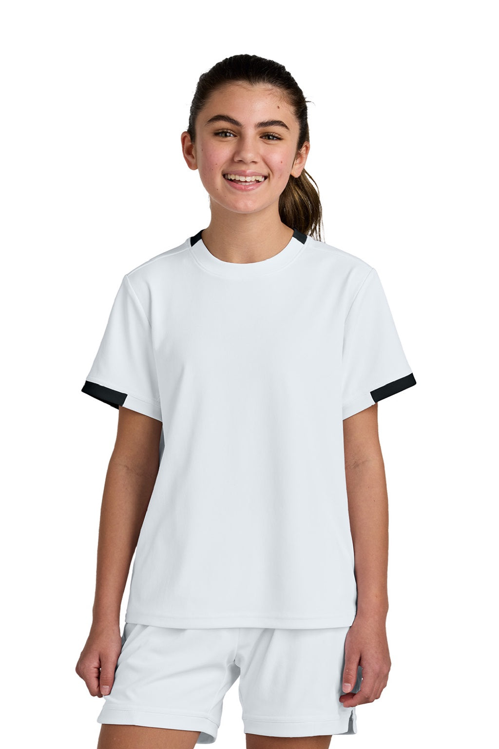 Sport-Tek YST440 Youth Club Moisture Wicking Short Sleeve Crewneck T-Shirt White/Black Model Front