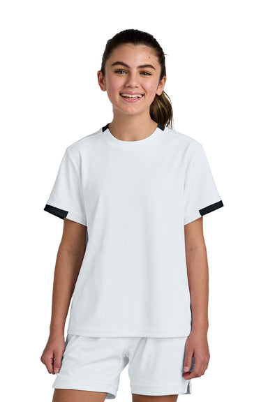 Sport-Tek YST440 Youth Club Moisture Wicking Short Sleeve Crewneck T-Shirt White/Black Model Front
