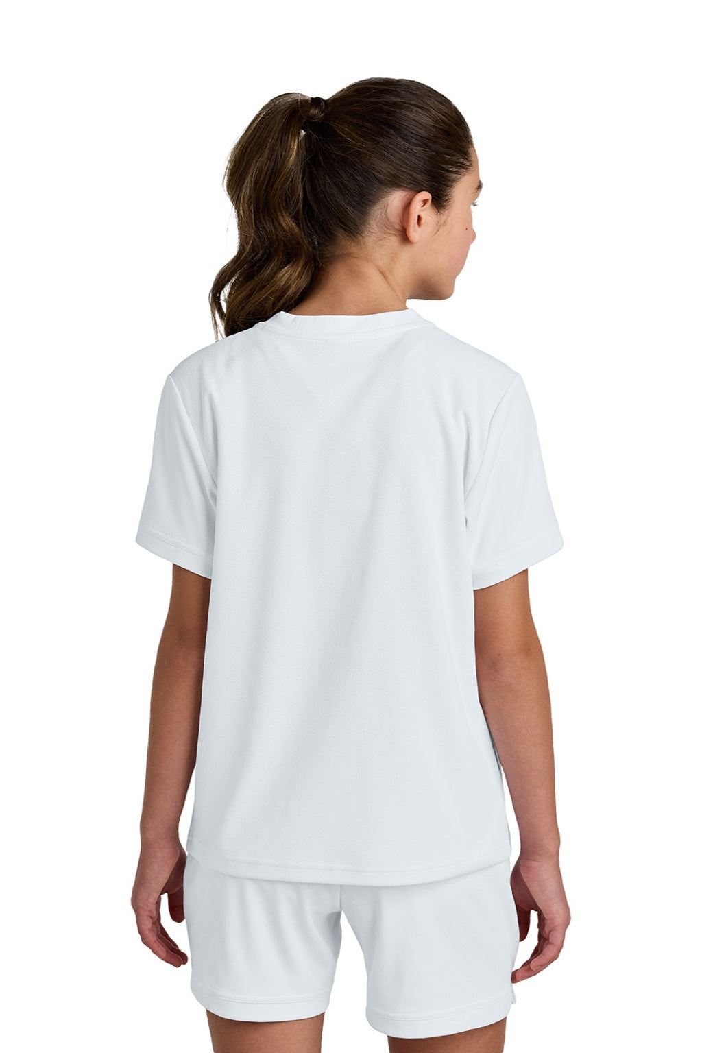 Sport-Tek YST440 Youth Club Moisture Wicking Short Sleeve Crewneck T-Shirt White/White Model Back