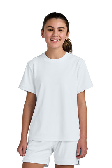 Sport-Tek YST440 Youth Club Moisture Wicking Short Sleeve Crewneck T-Shirt White/White Model Front