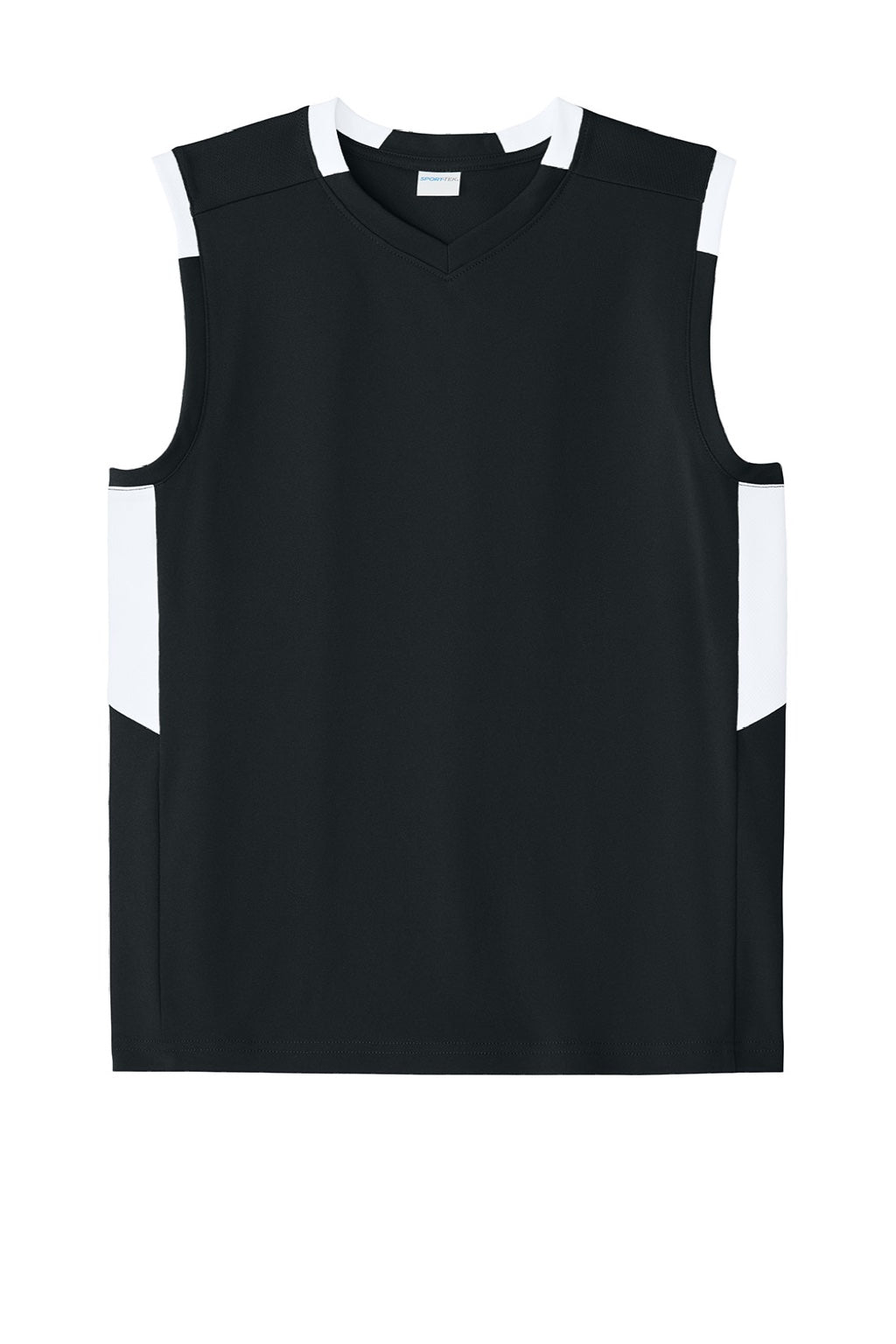 Sport-Tek YST441 Youth Club Moisture Wicking V-Neck Tank Top Black/White Flat Front