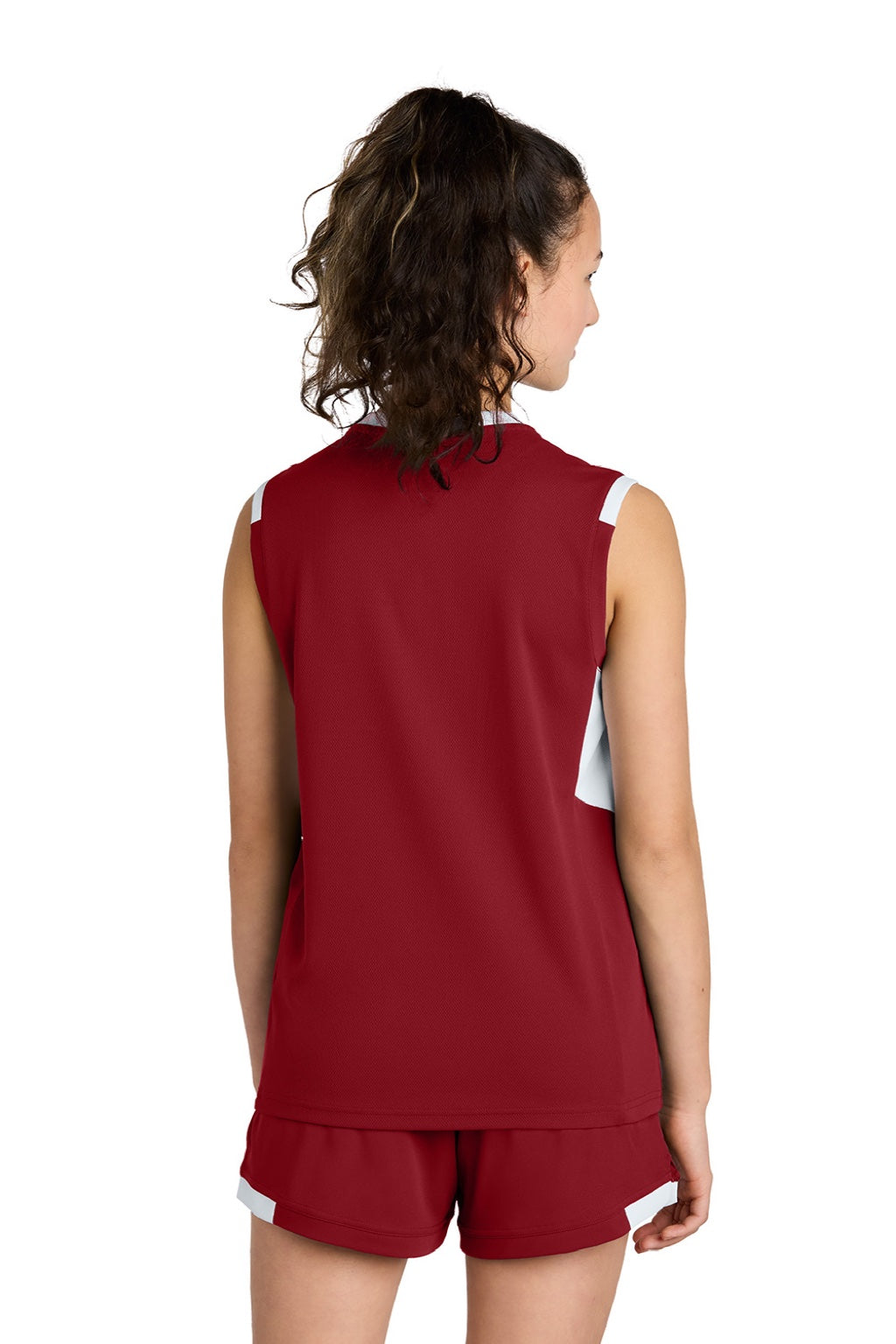 Sport-Tek YST441 Youth Club Moisture Wicking V-Neck Tank Top Deep Red/White Model Back