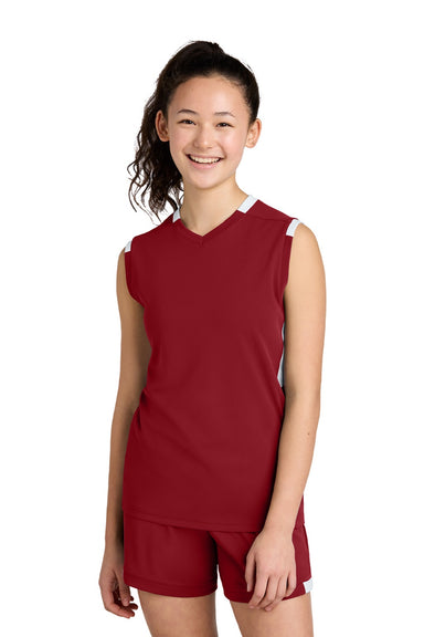 Sport-Tek YST441 Youth Club Moisture Wicking V-Neck Tank Top Deep Red/White Model Front